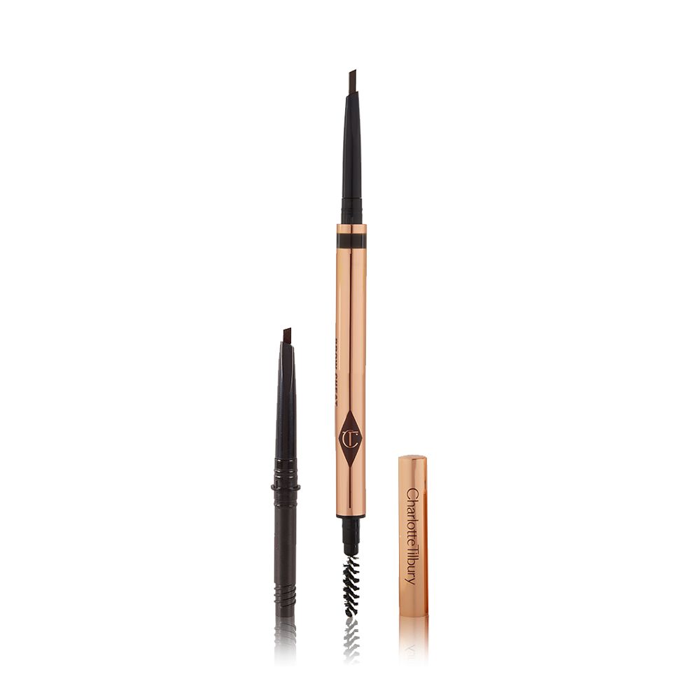 A double-ended eyebrow pencil and spoolie brush duo in a black shade with gold-coloured packaging and the refill besides it.