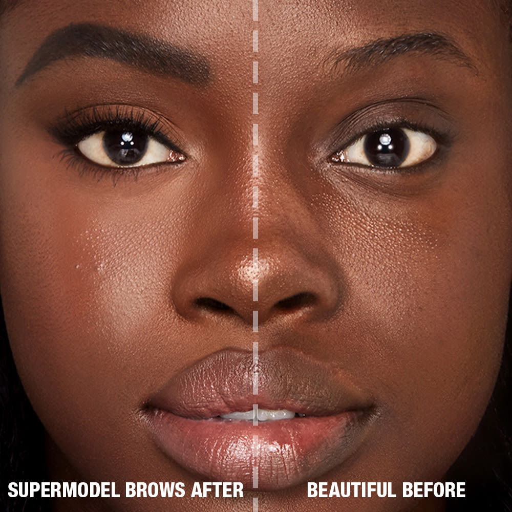 Before and after of a deep-tone model with brown eyes with bare brows on one side and thick, filled, and lined eyebrows on the other side after applying a natural-black-coloured eyebrow pencil.