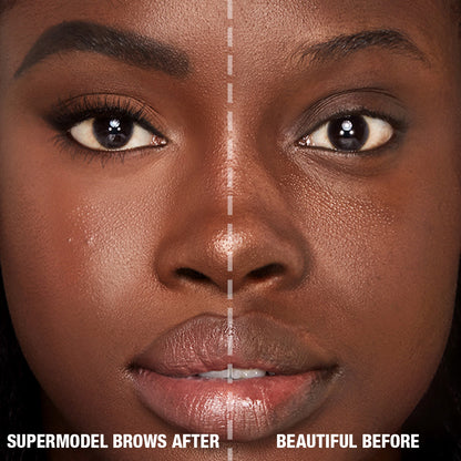 Before and after of a deep-tone model with brown eyes with bare brows on one side and thick, filled, and lined eyebrows on the other side after applying a natural-black-coloured eyebrow pencil.