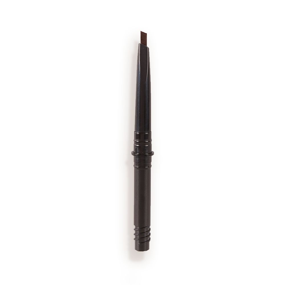 An open, dark-brown-coloured eyebrow tint refill with a black-coloured body.
