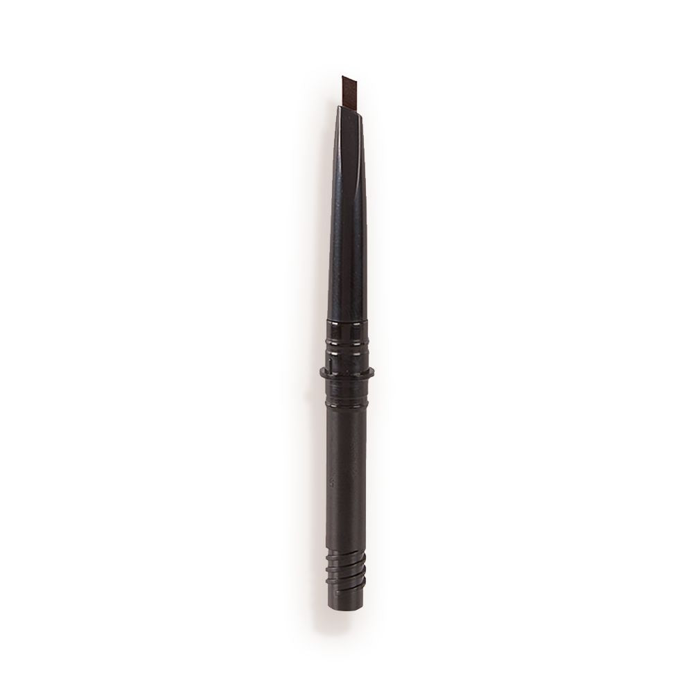 An open, black-brown-coloured eyebrow tint refill with a black-coloured body.