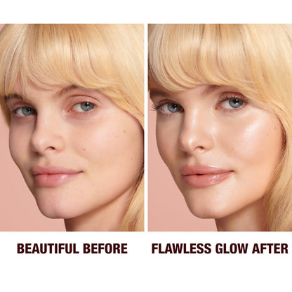 Close-up of a before and after of a light-medium-tone model wearing smokey brown eye makeup with a glow-boosting primer that blurs her pores and makes skin look flawless.