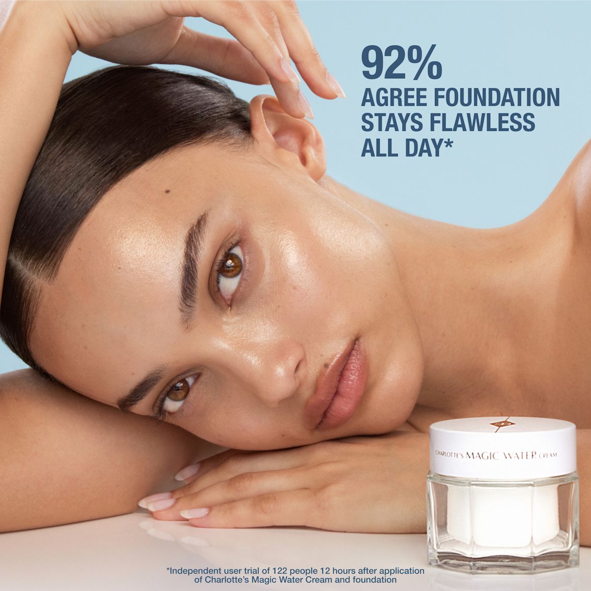 Medium skin tone model holding Magic Water Cream