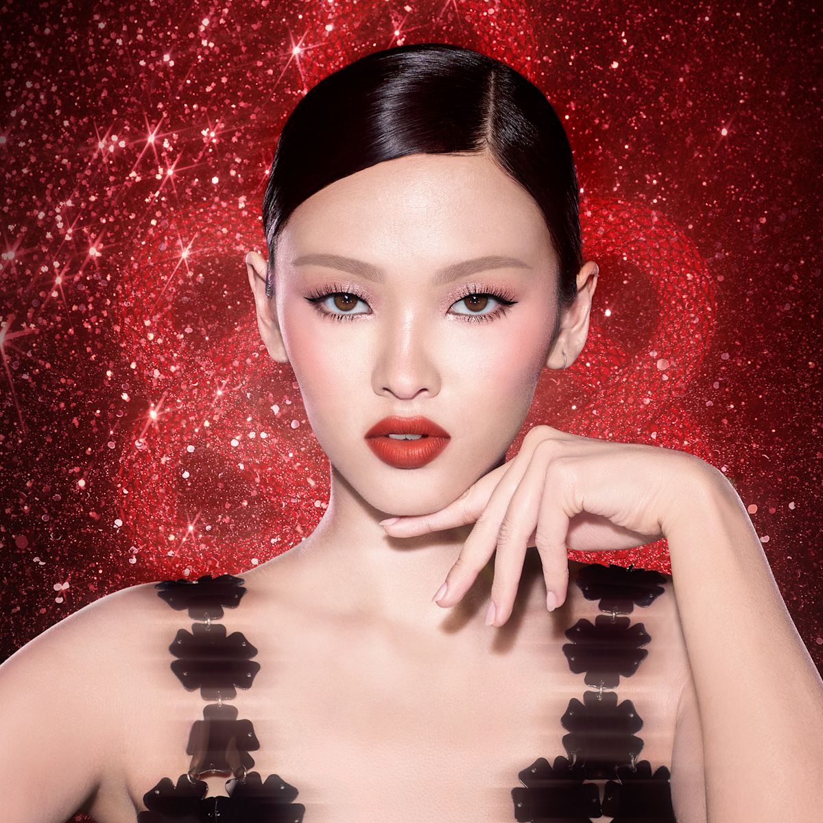 Model wearing the NEW! New Year Lipstick in Kiss of Fortune