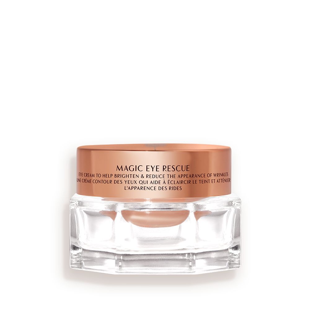 An award-winning, fawn-coloured eye cream in a petite glass jar with a gold-coloured lid.