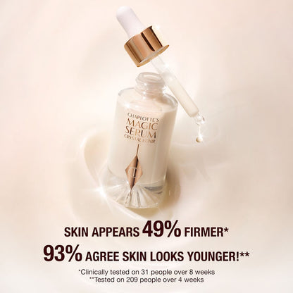 Crystal Magic Serum in a clear, glass bottle with a glass dropper in rose-gold packaging.