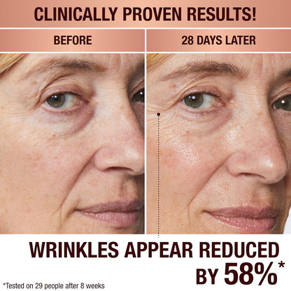 Before and after image showing anti-ageing results of mature skin model using Magic Cream for 28 days
