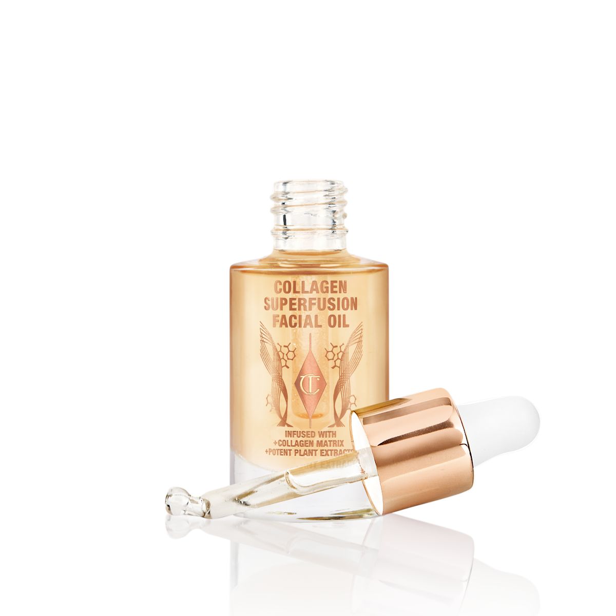 Light-gold-coloured facial oil in an open glass bottle with a gold and white-coloured dropper lid.