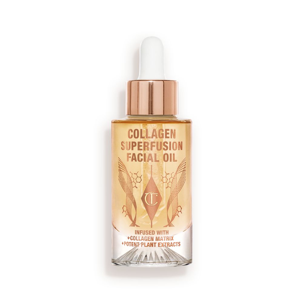 A light-gold-coloured facial oil in a glass bottle with a gold and white-coloured dropper lid.