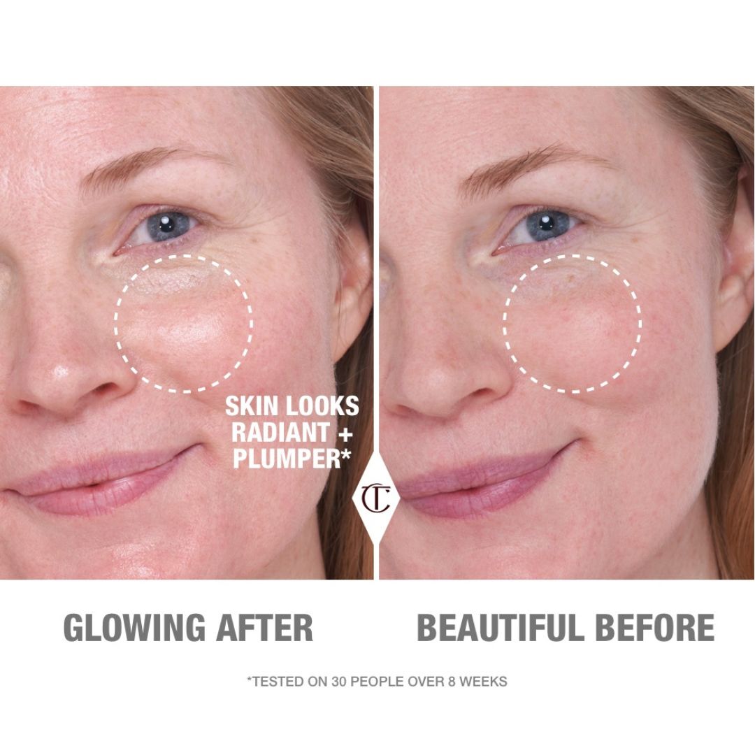 Before and after of a fair-tone model with bare skin in the before shot and facial oil applied in the after shot, making the skin look radiant and plumper.