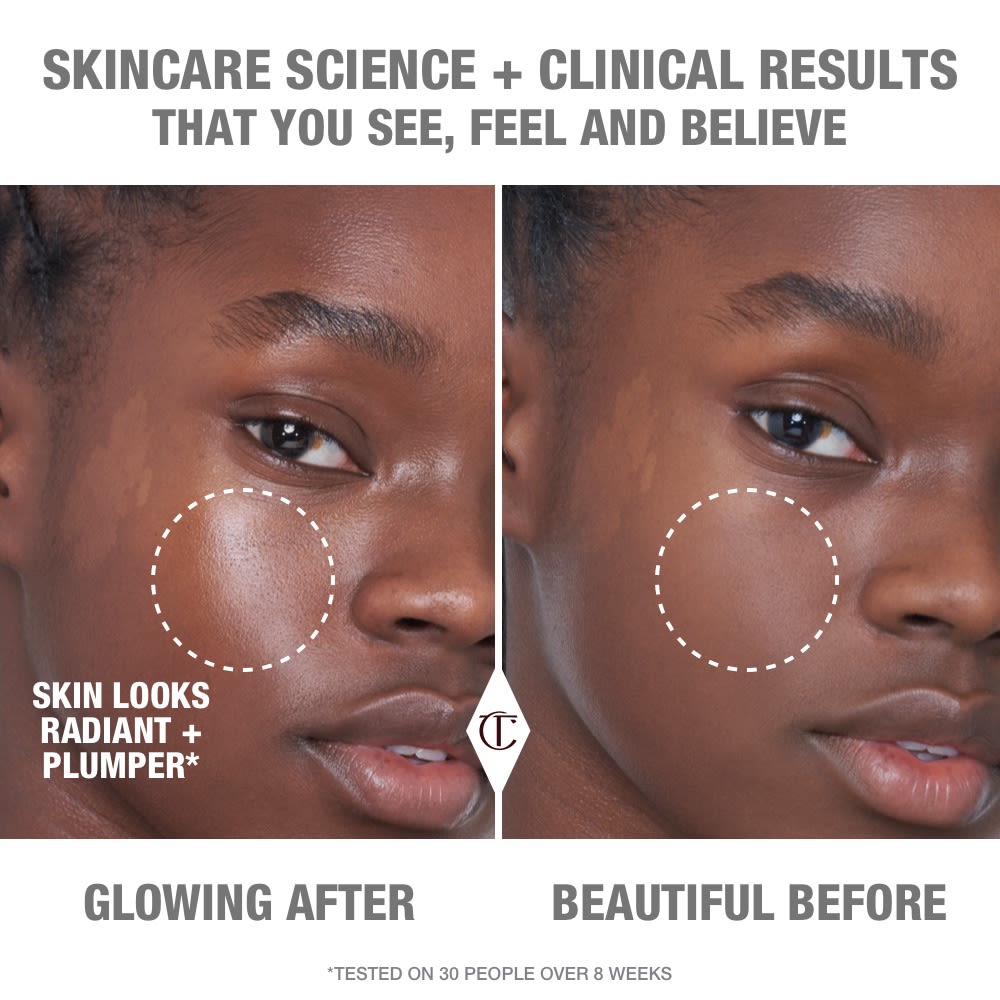 Before and after of a deep-tone model with bare skin in the before shot and facial oil applied in the after shot, making the skin look radiant and plumper.