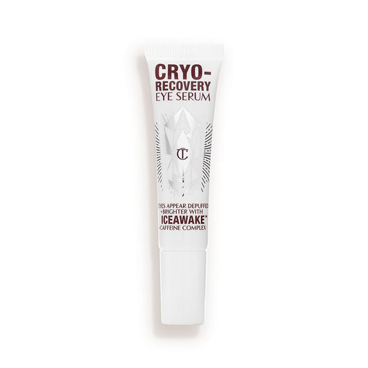 An open, white-coloured eye serum tube with silver-colour geometric patterns on the front and text written on it that reads, 'eye appear depuffed and brighter with Iceawake, caffeine complex'