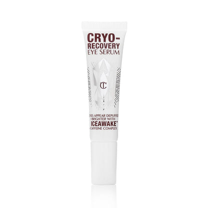 A closed, white-coloured eye serum tube with silver-colour geometric patterns on the front and text written on it that reads, 'eye appear depuffed and brighter with Iceawake, caffeine complex'