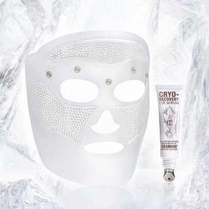 A textured, sheet mask with an eye serum in a white-coloured tube next to it.