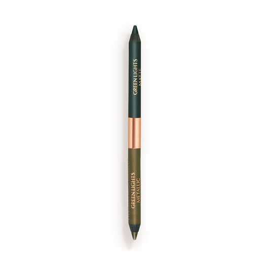 A double-sided eyeliner with lids removed in bottle green and dark khaki.