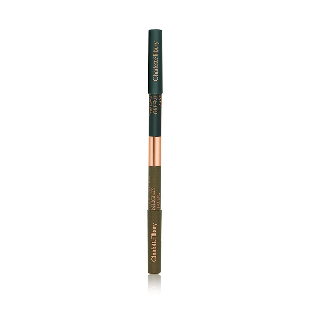 A closed, double-sided eyeliner with half of the outside a dark khaki and the other half a bottle green colour.