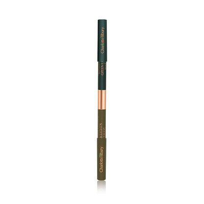 A closed, double-sided eyeliner with half of the outside a dark khaki and the other half a bottle green colour.