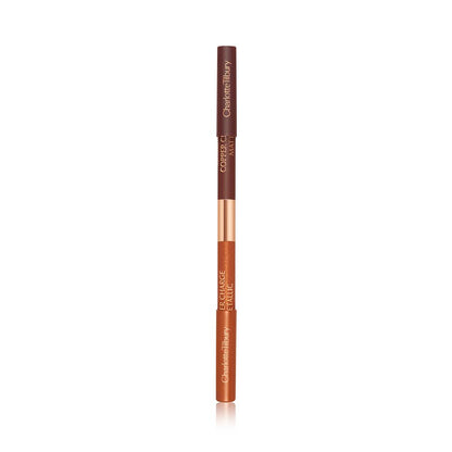 A closed, double-sided eyeliner pen with half of the outside a copper colour and the other half a warm rust.