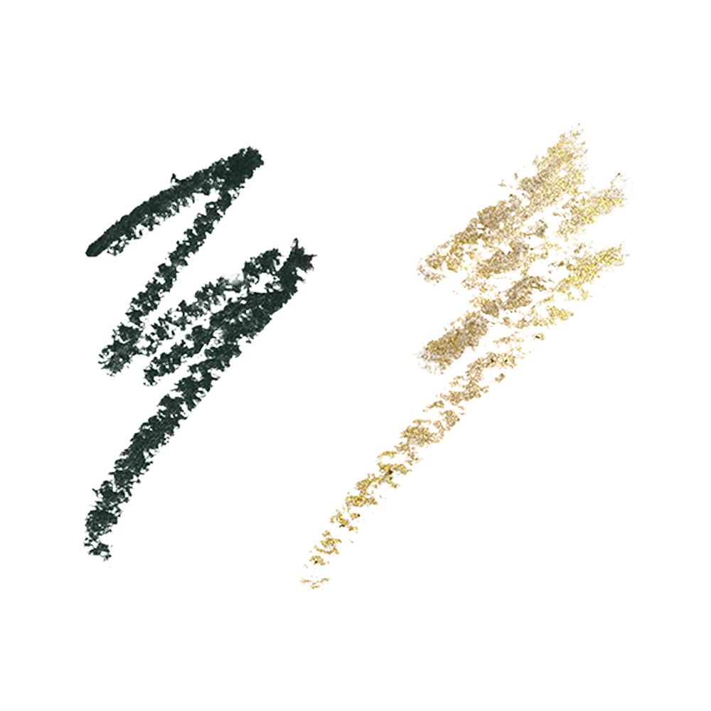 Swatches of two, matte and metallic eyeliners in dark green and khaki.