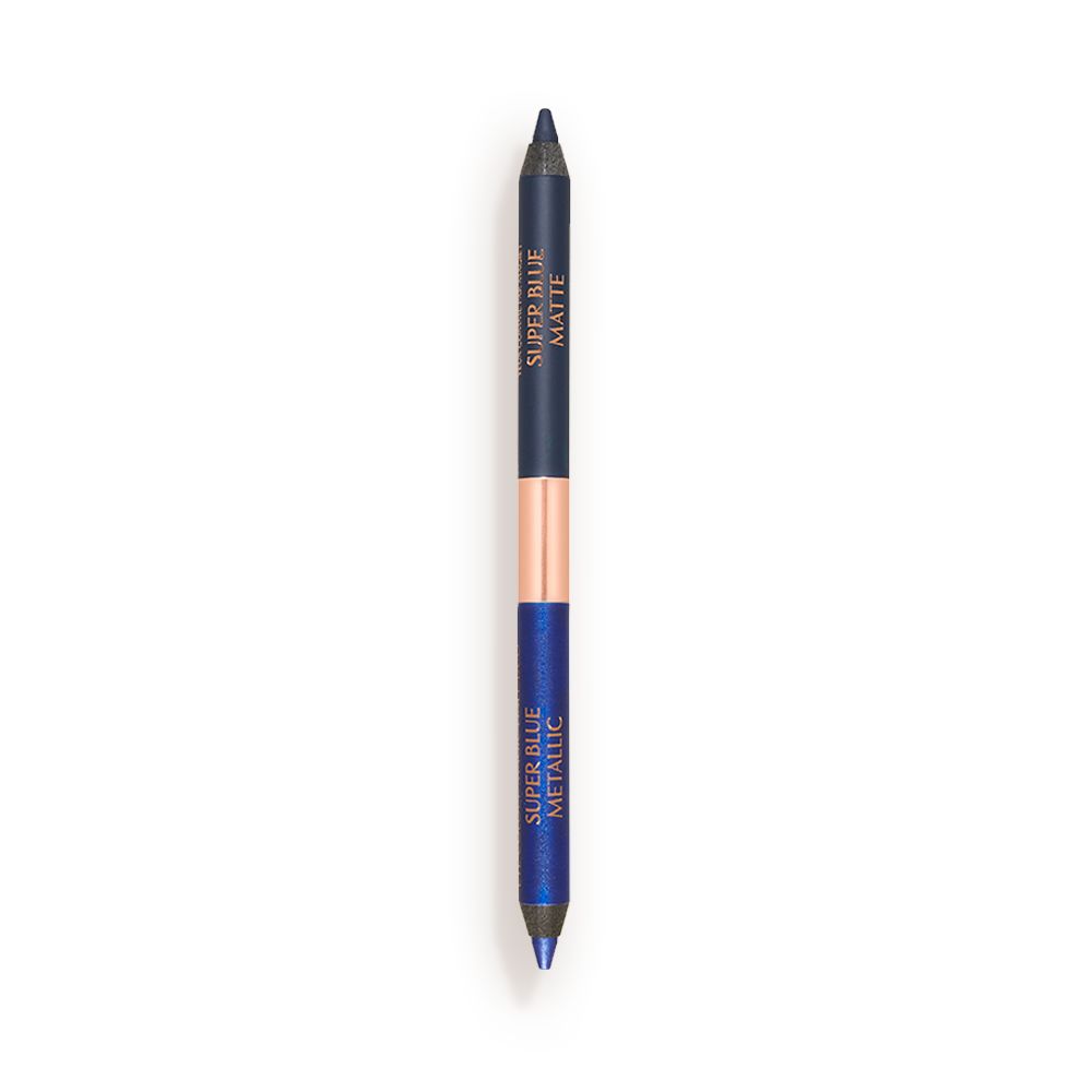 An open, double-sided eyeliner pen in sapphire blue and teal blue colours.