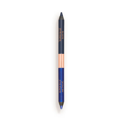 An open, double-sided eyeliner pen in sapphire blue and teal blue colours.