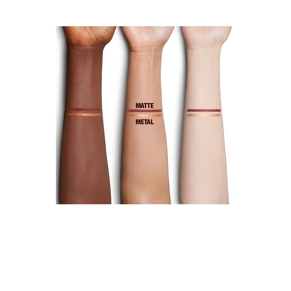 Arm swatches of copper and warm-rust eyeliners on fair, tan, and medium skin tones.