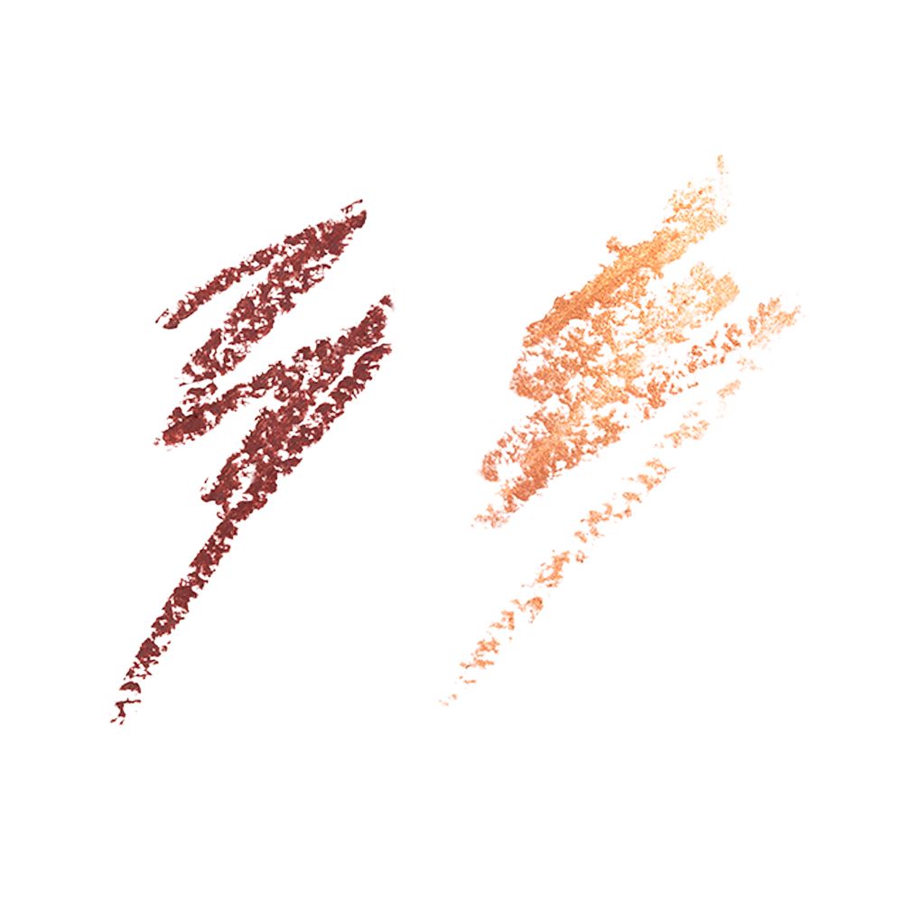 Swatches of two, matte and metallic eyeliners in warm-rust and copper colours.