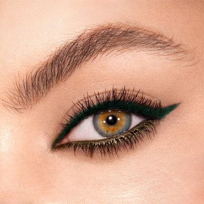 Fair-tone model with hazel eyes with a focus on dark green eyeliner on the upper lid and light green liner on the lower water line.
