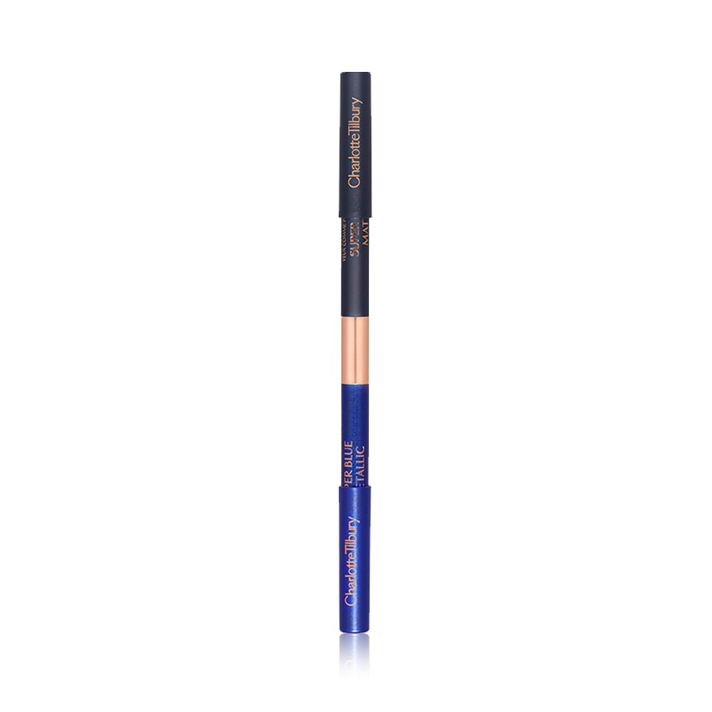 A closed, double-sided eyeliner pen with half of it a sapphire blue and the other half a teal blue.