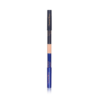 A closed, double-sided eyeliner pen with half of it a sapphire blue and the other half a teal blue.