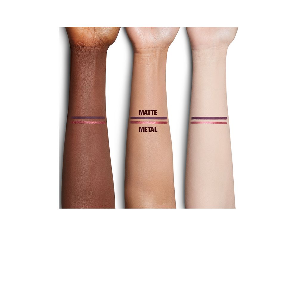 Arm swatches on deep, fair, and medium skin tones of two eyeliners in shades of purple and maroon.