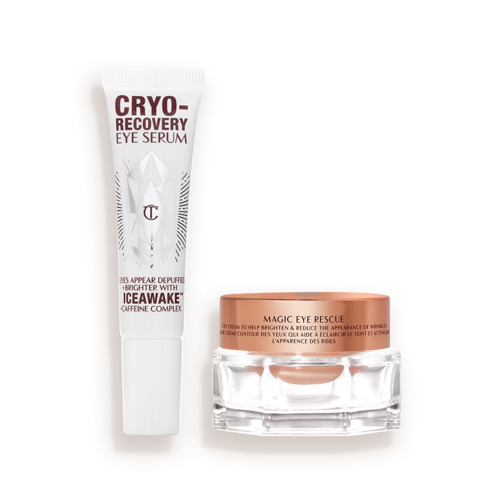 An open, white-coloured eye serum tube with silver-colour geometric patterns on the front and text written on it that reads, 'eye appear depuffed and brighter with Iceawake, caffeine complex' and an open, champagne-coloured thick, eye cream in a glass pot with a gold-coloured lid.