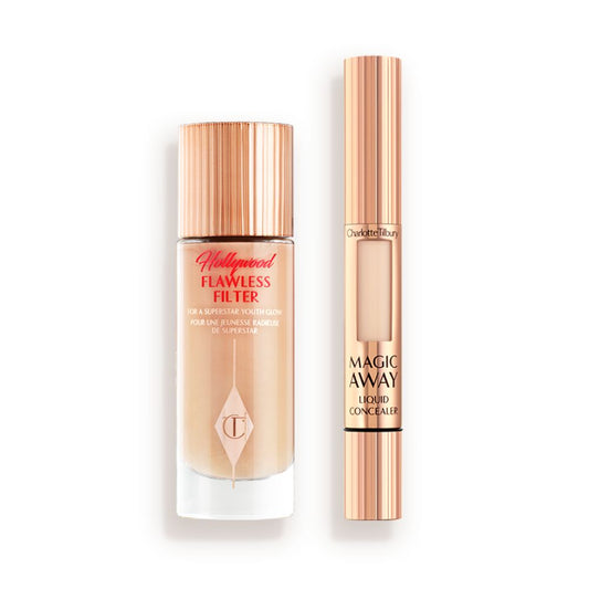 A glow-boosting primer with a fair-tone concealer, both in reflective golden-coloured packaging.