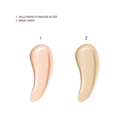 Swatches of an illuminating primer in a light peach shade and a concealer in a light beige shade.