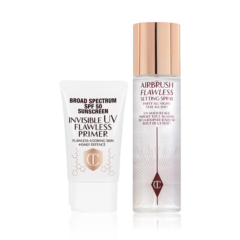 SPF-infused primer in a white-coloured tube with a setting spray in a large bottle with a gold-coloured lid.