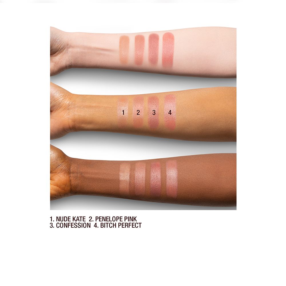 Fair, tan, and deep-skin arm swatches of satin-finish lipsticks in various nude shades.
