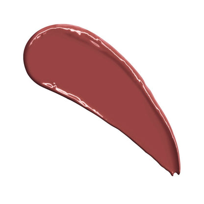 Swatch of reddish, rose-pink lipstick with a satin finish.