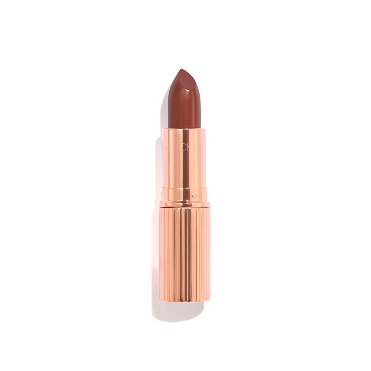 an open satin-finish lipstick in a reddish, rose-pink shade in a standard-sized, metallic, golden tube next to an unopened lipstick encased in a metallic, golden tube.