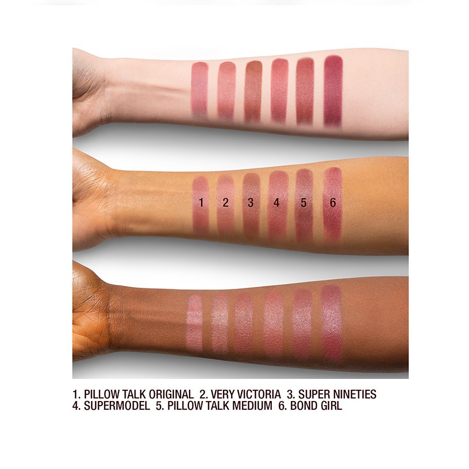 Fair, tan, and deep-skin arm swatches of matte lipsticks in various nude shades.