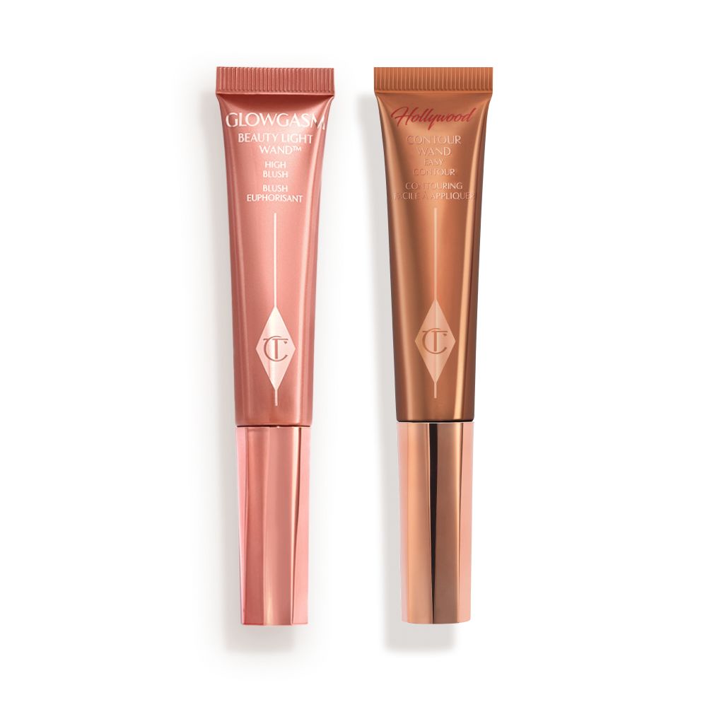 Medium-pink liquid blush wand and glowy brown contour wand.