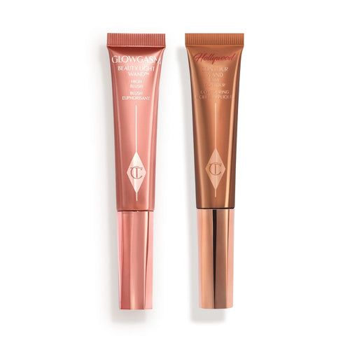 Medium-pink liquid blush wand and glowy brown contour wand.