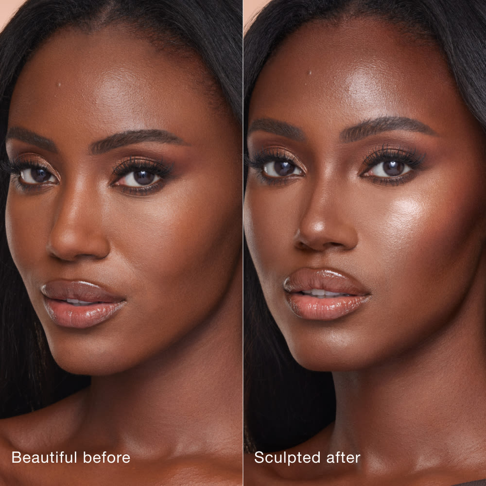 Side-by-side comparison of a person's face before and after makeup application. Left side labeled 'Beautiful before' shows natural features; right side labeled 'Sculpted after' shows enhanced contouring and highlighting for a more defined look.