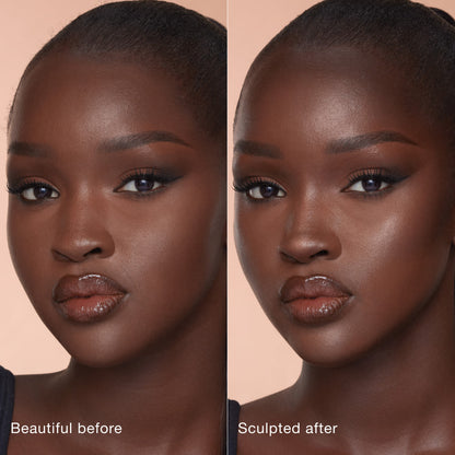 Side-by-side comparison of a person's face before and after makeup application. Left side labeled 'Beautiful before' shows natural features; right side labeled 'Sculpted after' shows enhanced contouring and highlighting for a more defined look.