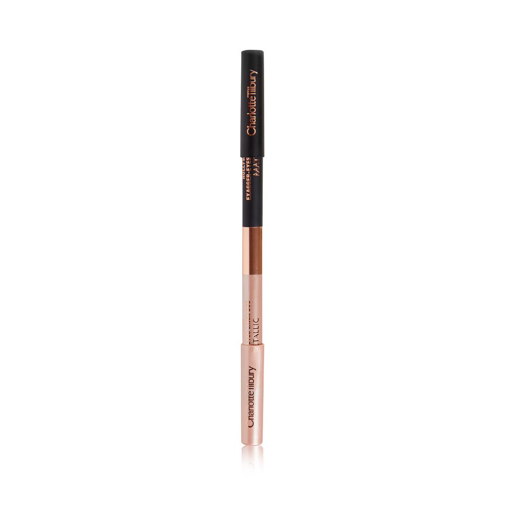 Closed black and champagne-nude eyeliner duo pencil in light gold and black-colour scheme.