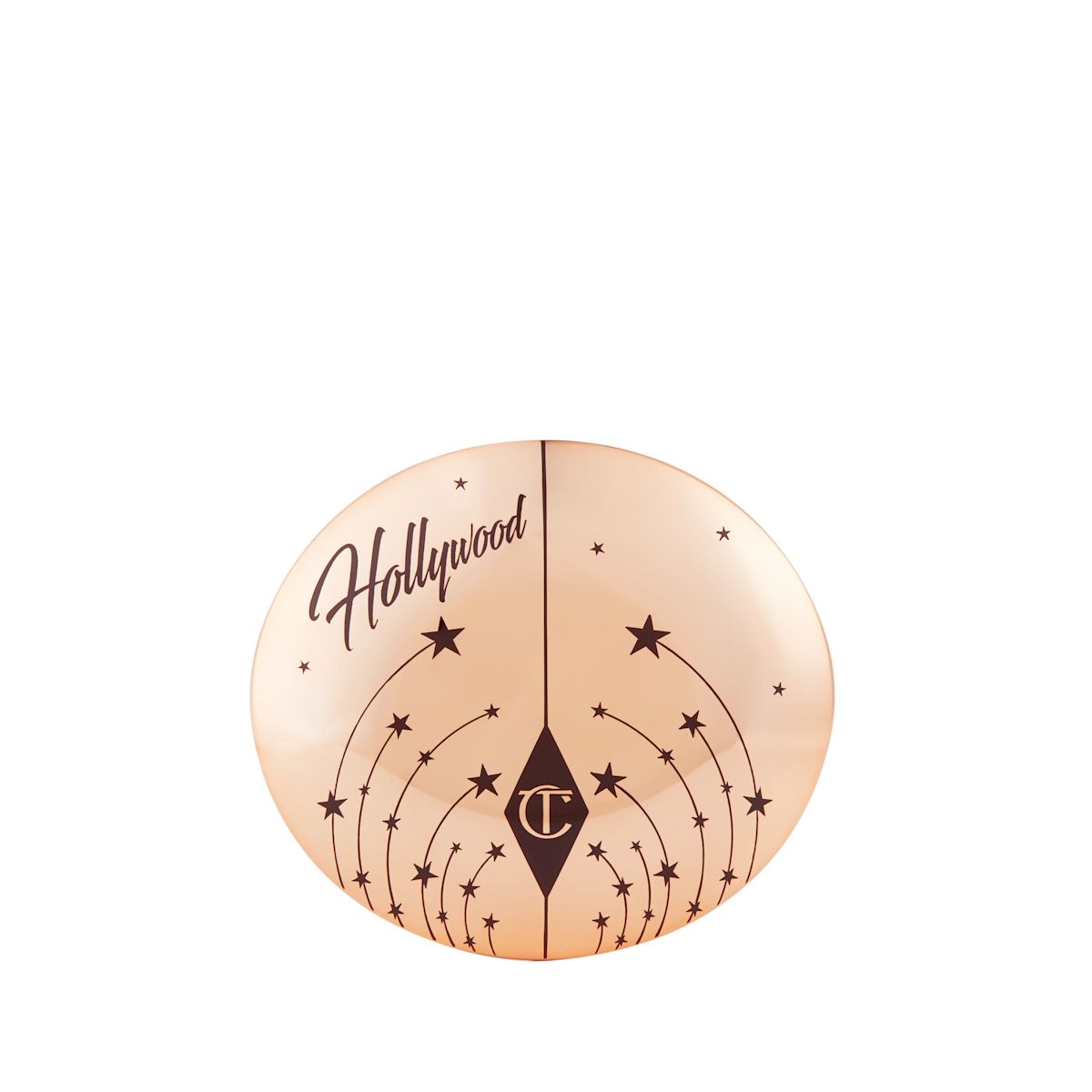 A closed highlighter compact with a gold-coloured lid, with tiny stars printed all over and Hollywood written on the top.