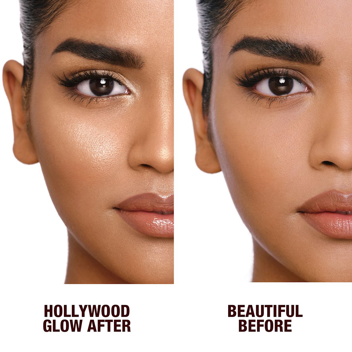 Before and after of a deep-tone model wearing smokey eyes and nude lip gloss in the before shot and then wearing glowy highlighter in a true gold shade in the after shot.