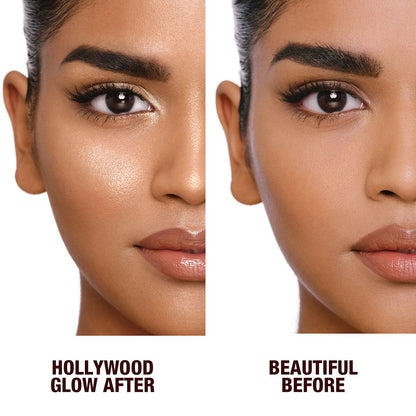 Before and after of a deep-tone model wearing smokey eyes and nude lip gloss in the before shot and then wearing glowy highlighter in a true gold shade in the after shot.