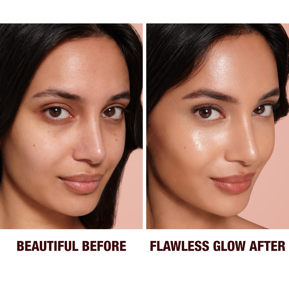 Close-up of a before and after of a medium-tone model wearing smokey brown and black eye makeup with a glow-boosting primer that blurs her pores and makes skin look flawless.