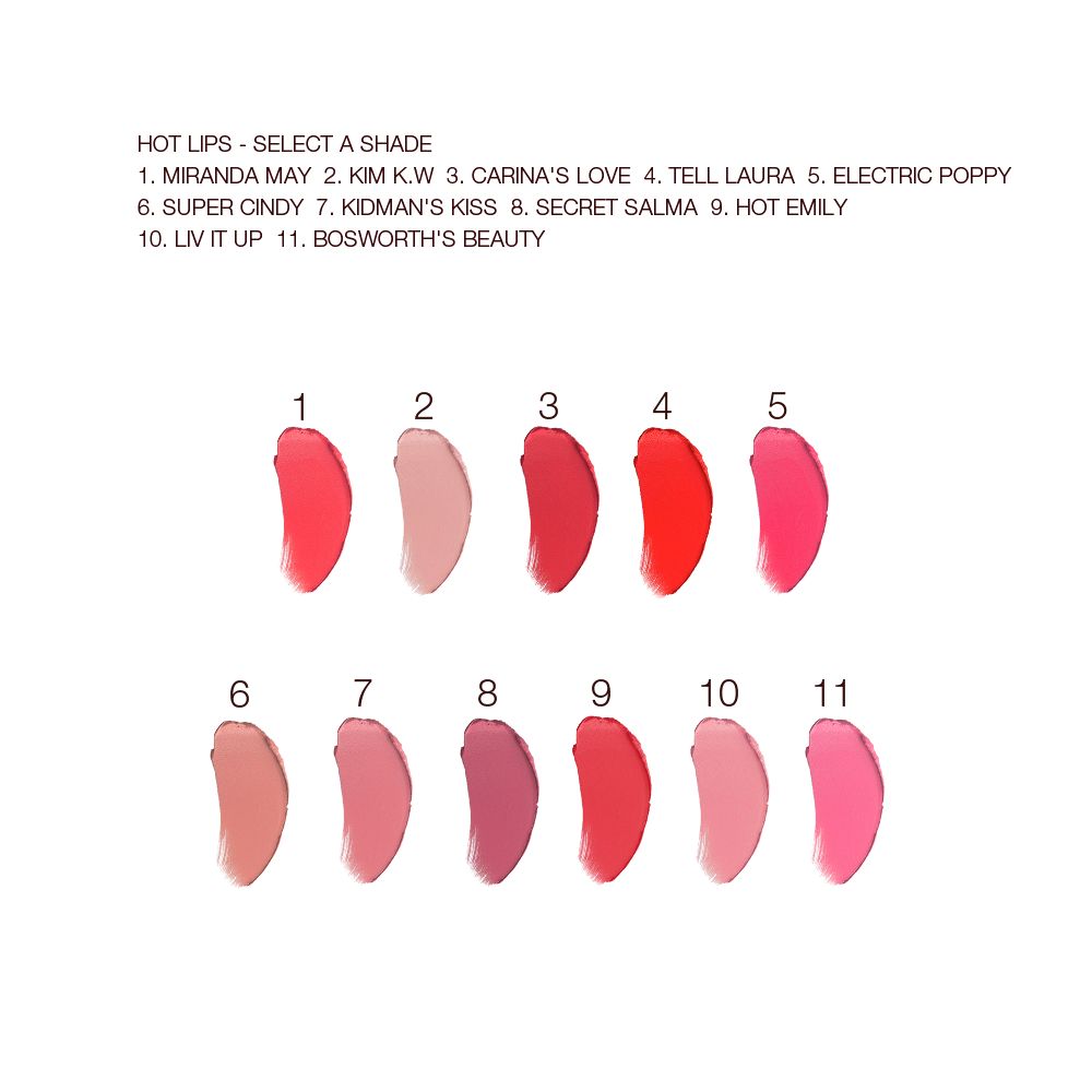 Swatches of eleven lipstick in nude and bold shades of pink, beige, red, orange, and purple.