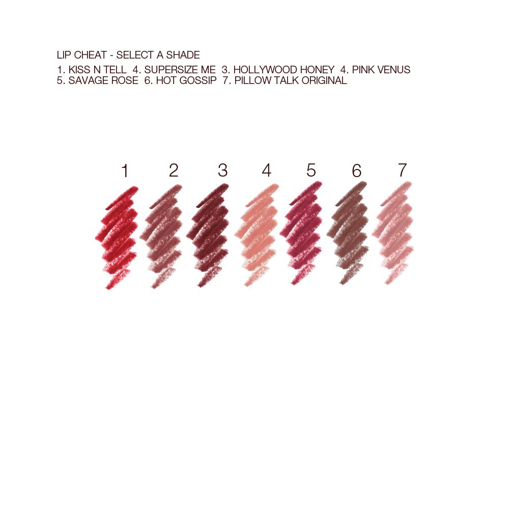 Swatches of seven lip liner pencils in bright red, muted wine, vampy purple-red, nude pink-peach, berry-rose, taupe-brown, and nude pink.